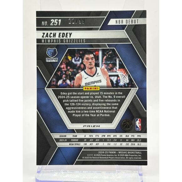 2024-25 Mosaic Zach Edey Rookie NBA Debut Red Disco Refractor 22/99 SP Grizzlies - Picture 2 of 2